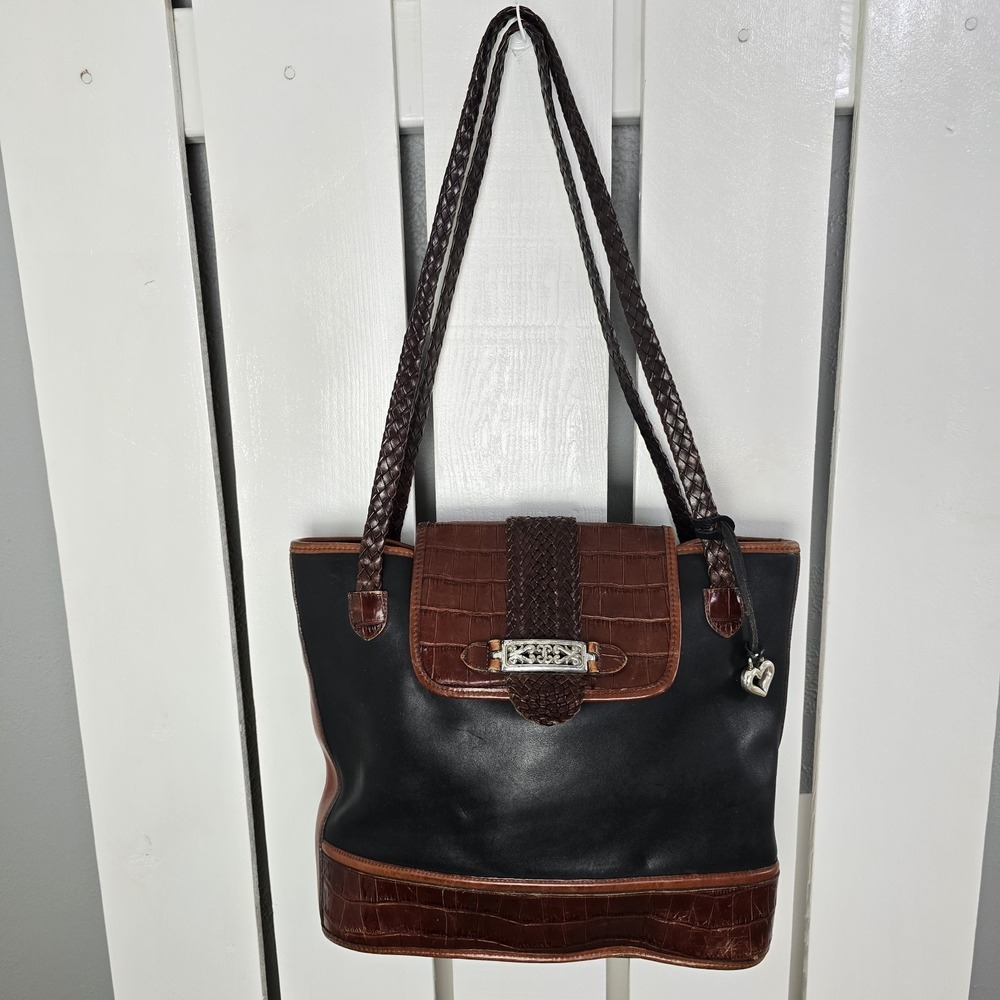 Brighton 90s Medium Brown Black Leather‎ Shoulder Bag Purse Minimalist Mature